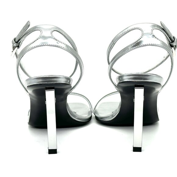 PRADA Metallic Leather Logo Triangle Heel Ankle Strap Sandals Heels Shoes - Picture 9 of 15